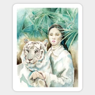 Woman And White Tiger Fantasy Artwork Sticker